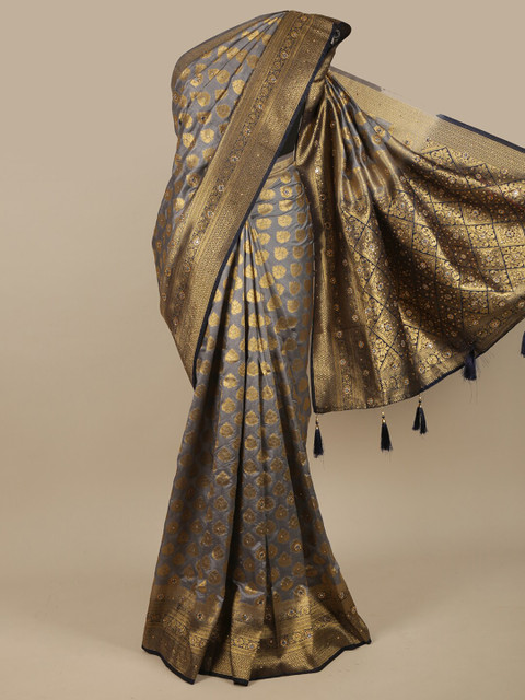 

Pothys Grey & Gold-Toned Floral Zari Jute Silk Saree