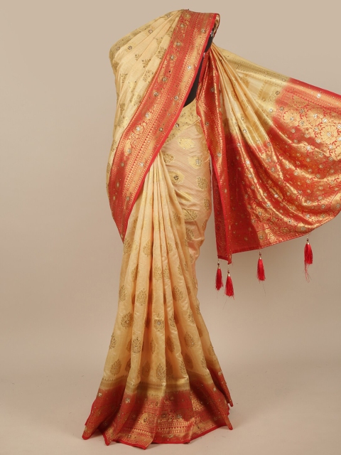 

Pothys Cream-Coloured & Red Woven Design Beads and Stones Jute Silk Saree
