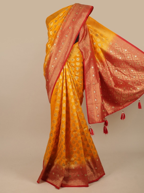 

Pothys Yellow & Red Ethnic Motifs Zari Jute Silk Saree