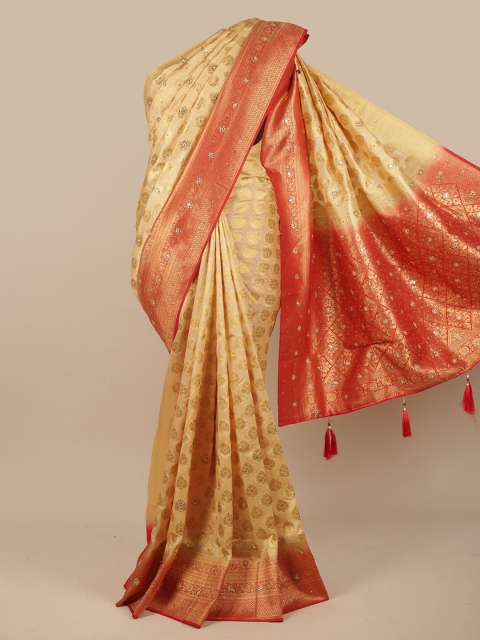 

Pothys Cream-Coloured & Red Floral Zari Jute Silk Saree