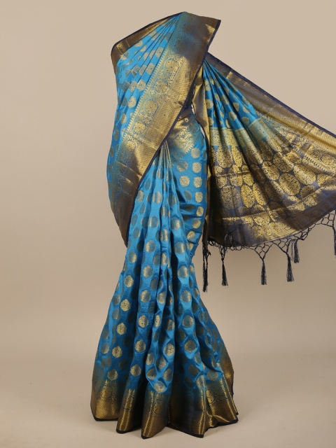 

Pothys Blue & Gold-Toned Floral Zari Jute Silk Saree