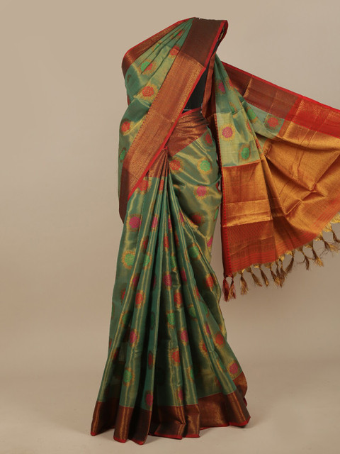 

Pothys Green & Gold-Toned Floral Zari Jute Silk Saree