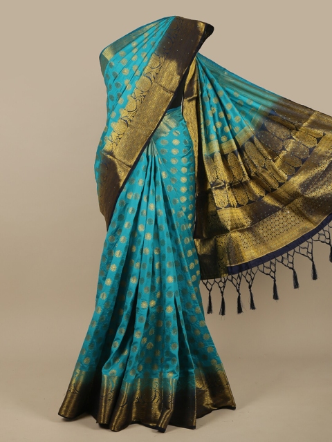 

Pothys Blue & Gold-Toned Ethnic Motifs Zari Jute Silk Saree