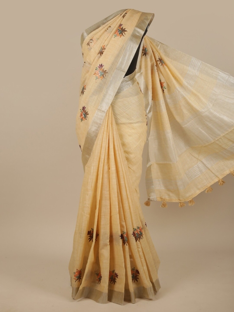 

Pothys Cream-Coloured & Brown Floral Embroidered Zari Linen Blend Saree