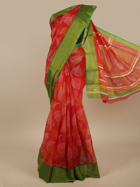 

Pothys Red & Green Floral Zari Cotton Blend Saree