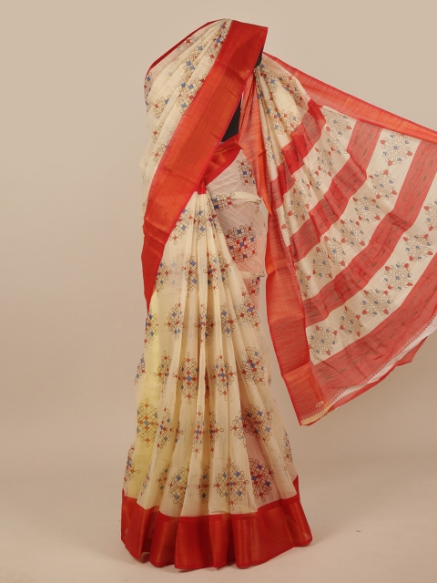 

Pothys Cream & Red Geometric Printed Saree
