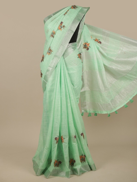 

Pothys Green & Silver-Toned Ethnic Motifs Linen Blend Saree