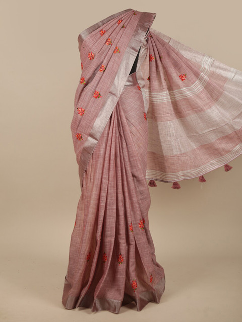 

Pothys Pink & Red Floral Embroidered Linen Blend Saree