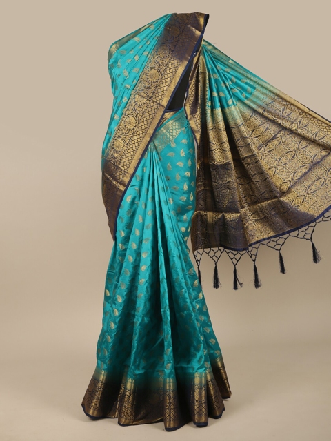 

Pothys Blue & Gold-Toned Ethnic Motifs Beads and Stones Jute Silk Saree