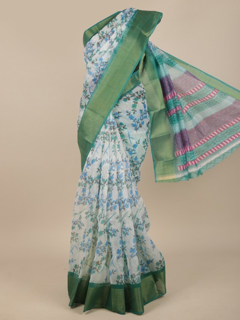 

Pothys Off White & Blue Floral Cotton Blend Zari Saree