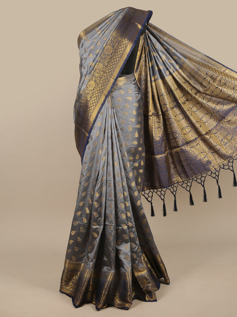 

Pothys Grey & Navy Blue Floral Jute Silk Saree