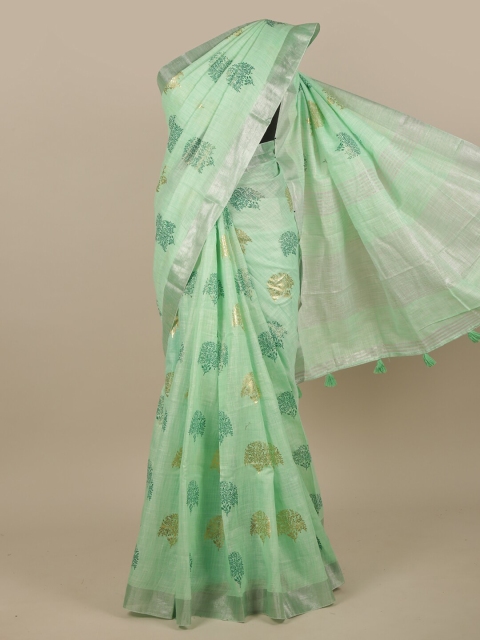 

Pothys Green & Gold-Toned Ethnic Motifs Zari Linen Blend Saree