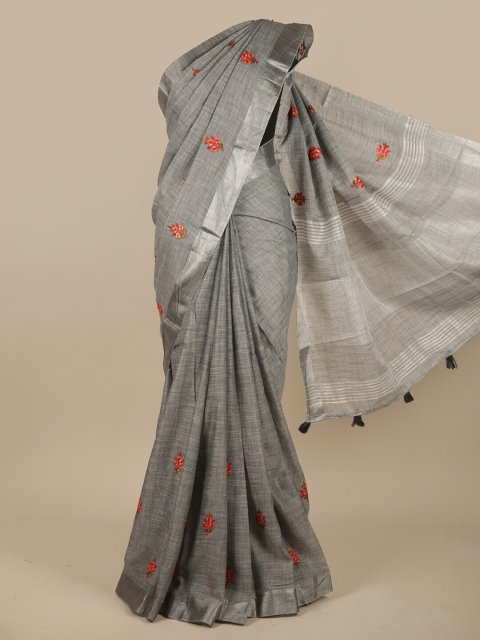 

Pothys Grey & Red Floral Zari Linen Blend Saree