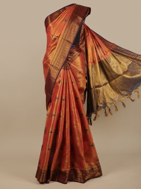 

Pothys Orange & Gold-Toned Floral Zari Jute Silk Saree