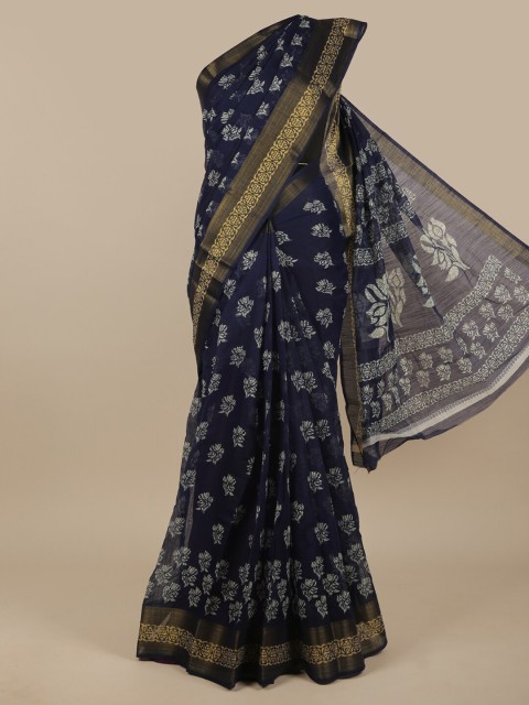 

Pothys Navy Blue & Gold-Toned Batik Printed Zari Saree