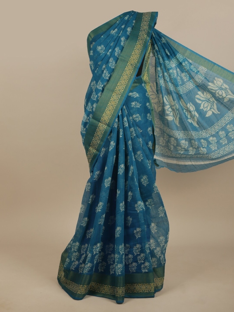 

Pothys Blue & Green Floral Zari Cotton Blend Saree