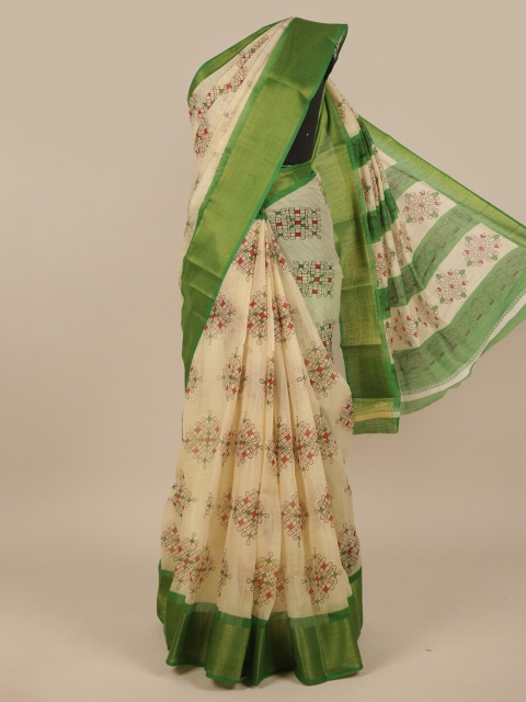 

Pothys Cream-Coloured & Green Floral Saree