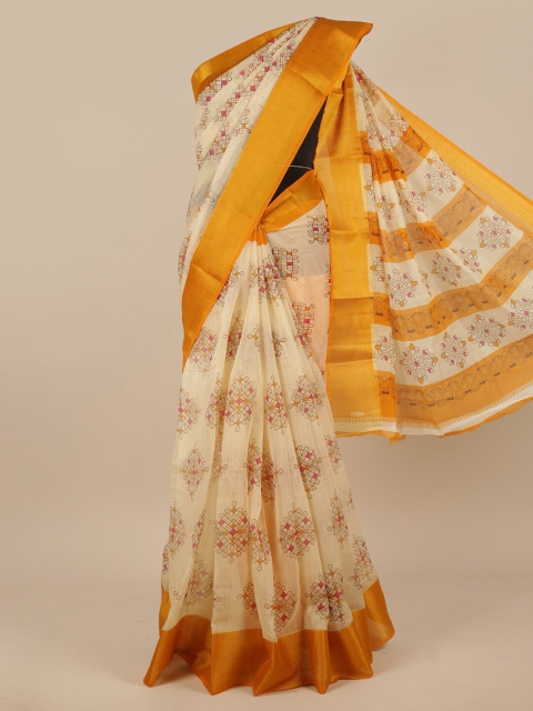 

Pothys Cream-Coloured & Yellow Ethnic Motifs Zari Saree