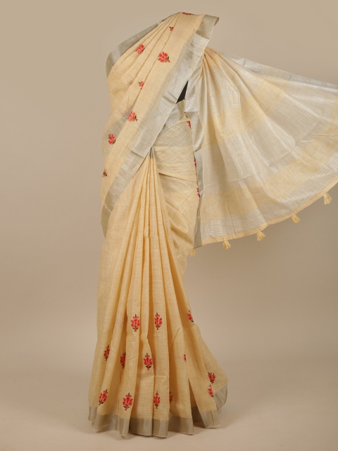 

Pothys Cream-Coloured & Red Floral Zari Linen Blend Saree