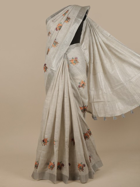 

Pothys Grey & Yellow Floral Linen Blend Embroidered Saree
