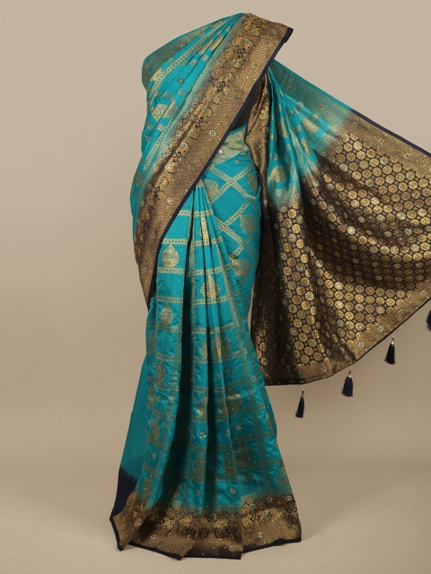 

Pothys Green & Gold-Toned Ethnic Motifs Zari Jute Silk Saree