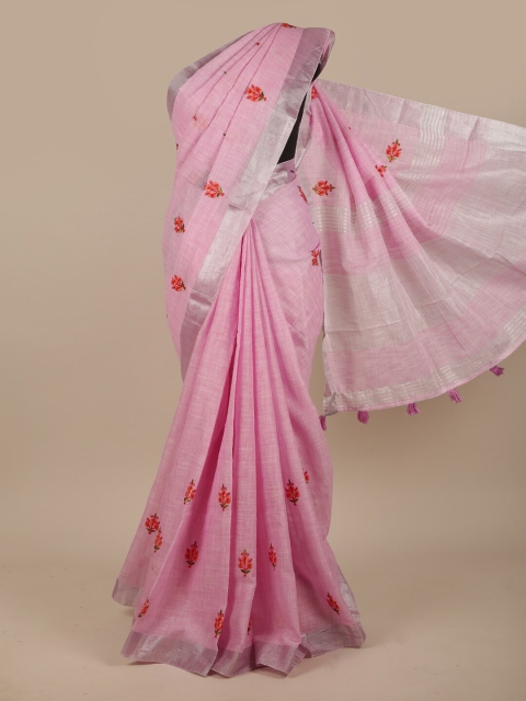 

Pothys Pink & Red Floral Zari Linen Blend Saree