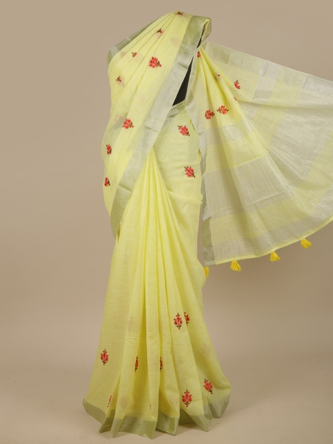 

Pothys Yellow & Red Floral Embroidered Linen Blend Saree