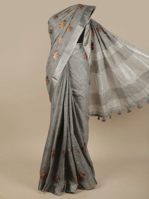 

Pothys Grey & Yellow Ethnic Motifs Embroidered Linen Blend Saree