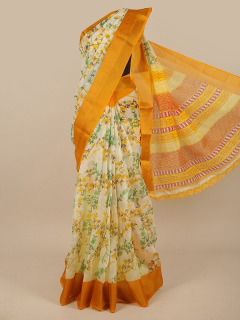 

Pothys Cream-Coloured & Green Floral Printed Saree