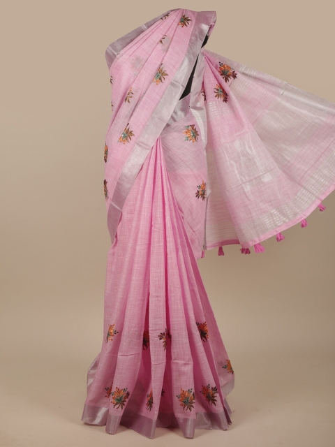 

Pothys Pink & Silver-Toned Floral Zari Linen Blend Saree