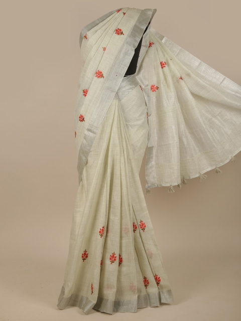 

Pothys Off White & Silver-Toned Floral Linen Blend Saree