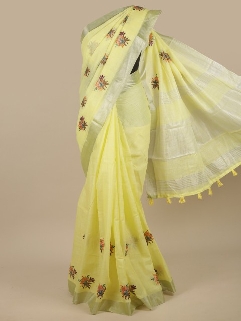 

Pothys Yellow & Green Floral Zari Linen Blend Saree