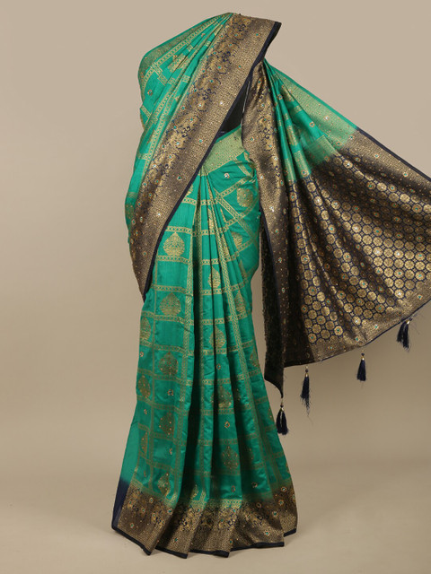 

Pothys Green & Gold-Toned Ethnic Motifs Zari Jute Silk Saree