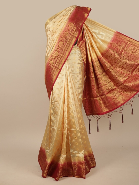 

Pothys Cream-Coloured & Red Ethnic Motifs Jute Silk Saree