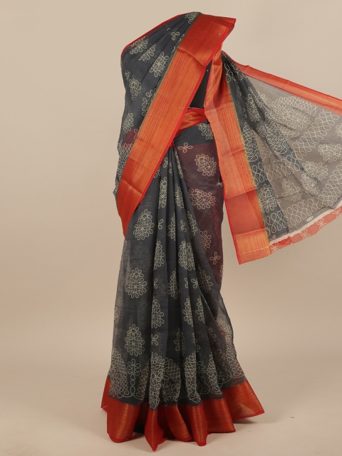 

Pothys Grey & Red Cotton Blend Floral Saree