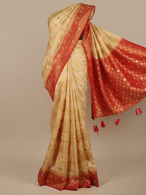 

Pothys Cream-Coloured & Gold-Toned Floral Beads & Stones Jute Silk Saree