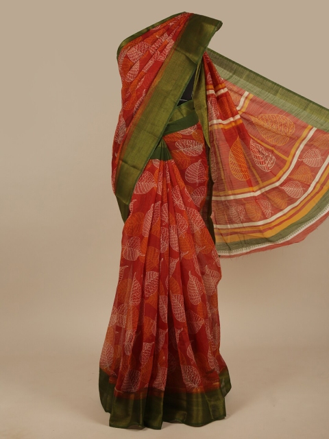 

Pothys Rust & Green Floral Printed Zari Saree