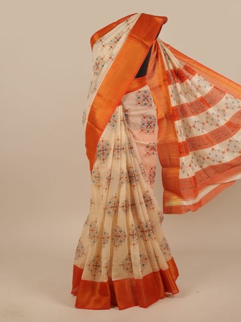 

Pothys Cream-Coloured & Orange Floral Saree