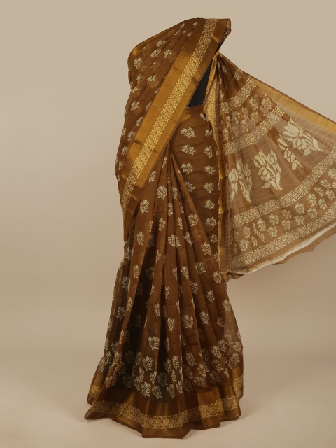 

Pothys Brown & White Ethnic Motifs Printed Zari Saree