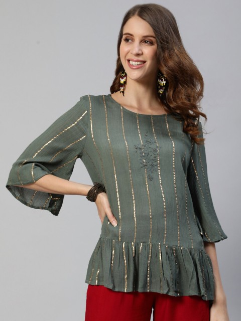

Ishin Green Gota Embellished Striped A-Line Top