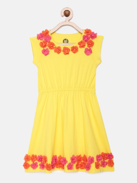 

YK Girls Yellow & Pink Floral Embellished Pure Cotton Dress