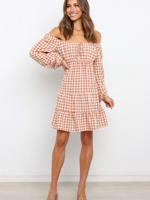 

GRACE & JACK Brown & Off White Checked Off-Shoulder Cotton A-Line Dress