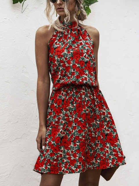 

GRACE & JACK Red & Green Floral Cotton Halter Neck Dress