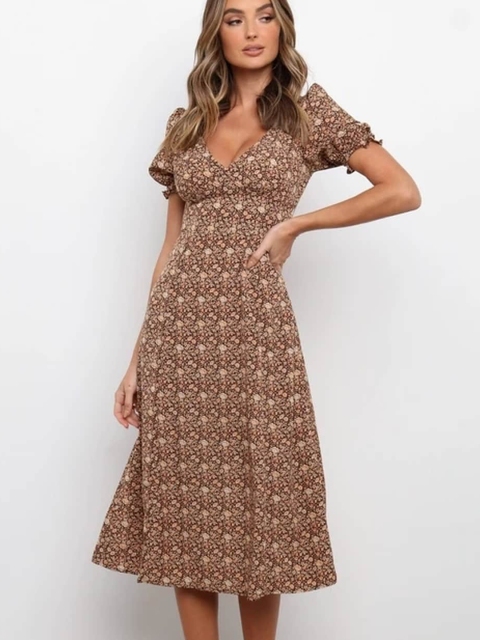 

GRACE & JACK Brown Floral Empire Cotton Midi Dress