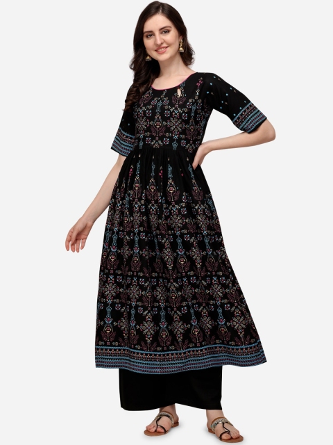 

SAADHVI Black Ethnic Motifs Keyhole Neck Layered A-Line Maxi Dress