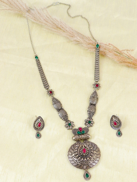 

Crunchy Fashion Silver-Plated Oxidised Stone-Studded Jewellery Set