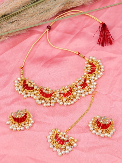

Crunchy Fashion Gold-Plated Red Kundan Studded & White Beaded Meenakari Jewellery Set