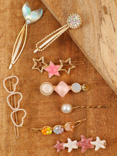 

Crunchy Fashion Women Gold-Toned & White Set Of 8 Embellished Bobby Pins