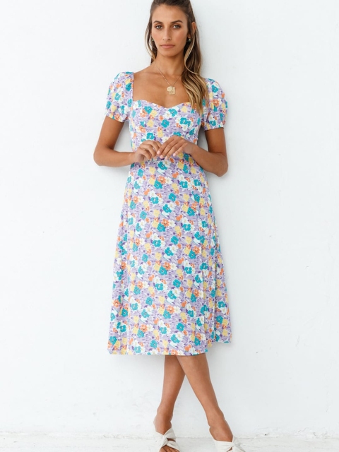 

GRACE & JACK Blue & Yellow Floral A-Line Cotton Midi Dress