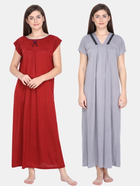 

Klamotten Women Pack Of 2 Maroon & Grey Maxi Nightdress